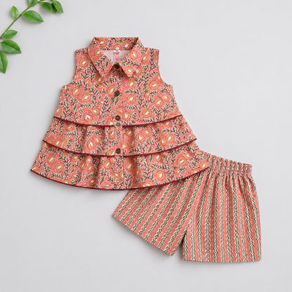 The Magic Wand Cotton Woven Sleeveless Floral Tiered Top And Shorts Set - Peach