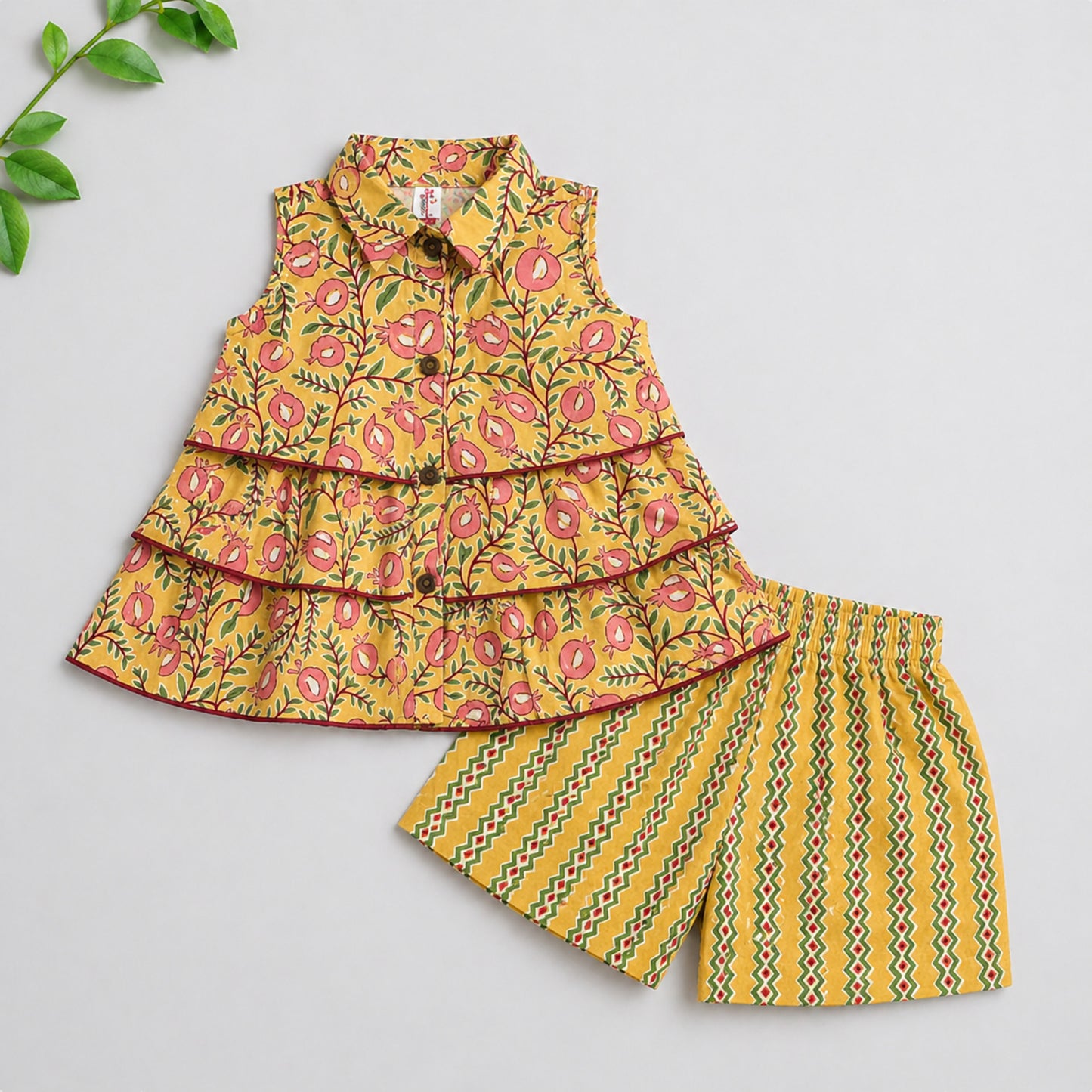 The Magic Wand Cotton Woven Sleeveless Floral Tiered Top And Shorts Set - Yellow