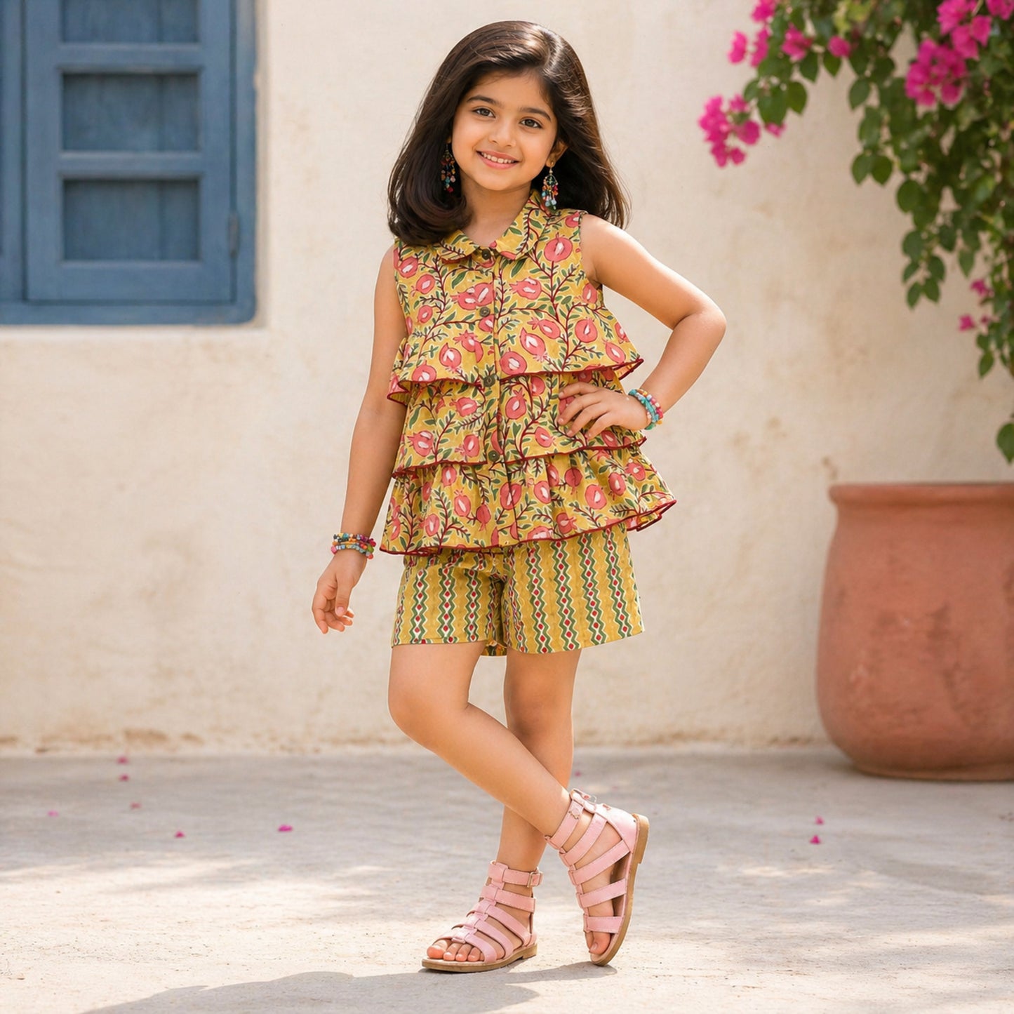 The Magic Wand Cotton Woven Sleeveless Floral Tiered Top And Shorts Set - Yellow