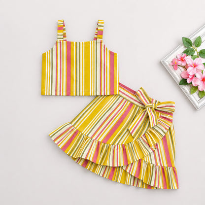 The Magic Wand Cotton Woven Strappy Stripes Printed Top And Wrap Style Skirt Set - Yellow