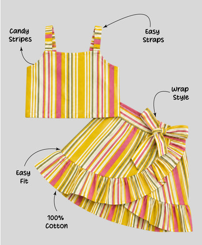 The Magic Wand Cotton Woven Strappy Stripes Printed Top And Wrap Style Skirt Set - Yellow