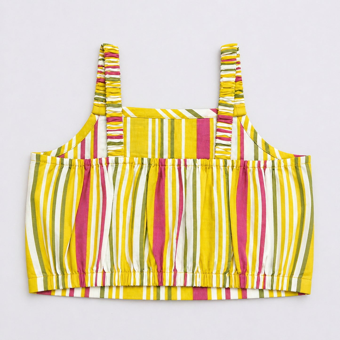 The Magic Wand Cotton Woven Strappy Stripes Printed Top And Wrap Style Skirt Set - Yellow