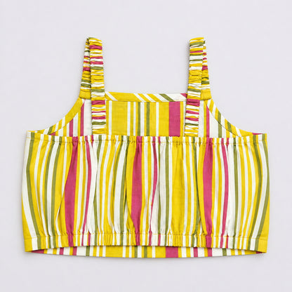 The Magic Wand Cotton Woven Strappy Stripes Printed Top And Wrap Style Skirt Set - Yellow