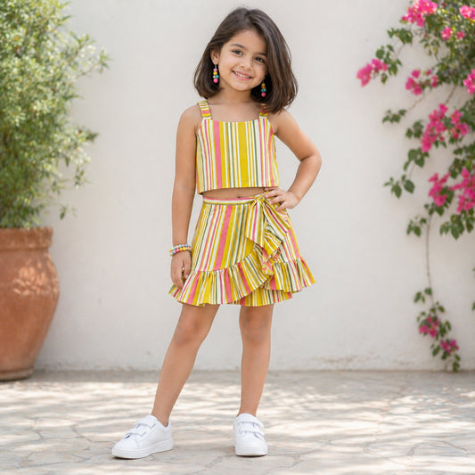 The Magic Wand Cotton Woven Strappy Stripes Printed Top And Wrap Style Skirt Set - Yellow