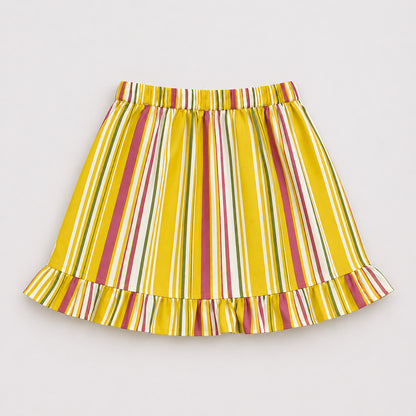 The Magic Wand Cotton Woven Strappy Stripes Printed Top And Wrap Style Skirt Set - Yellow