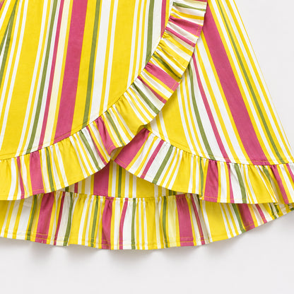 The Magic Wand Cotton Woven Strappy Stripes Printed Top And Wrap Style Skirt Set - Yellow