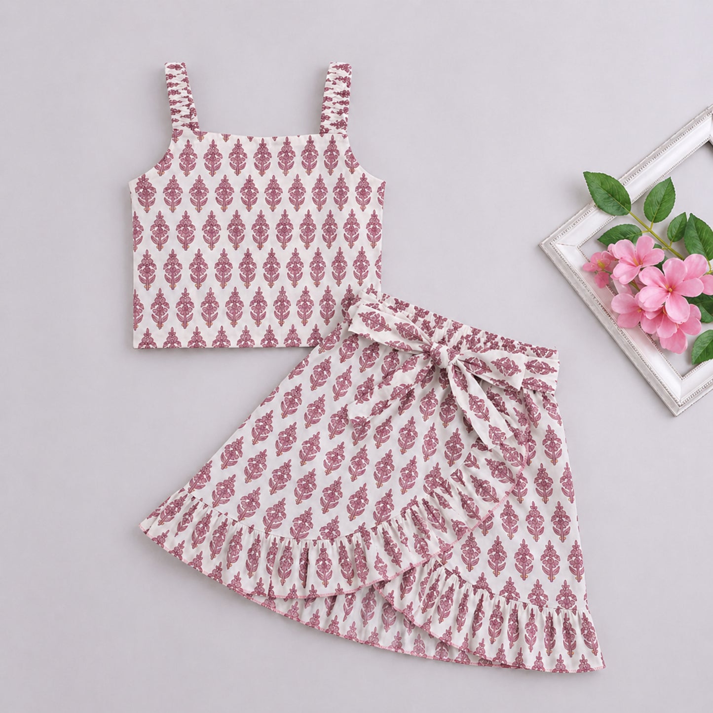 The Magic Wand Cotton Woven Strappy Buta Printed Top And Wrap Style Skirt Set - White