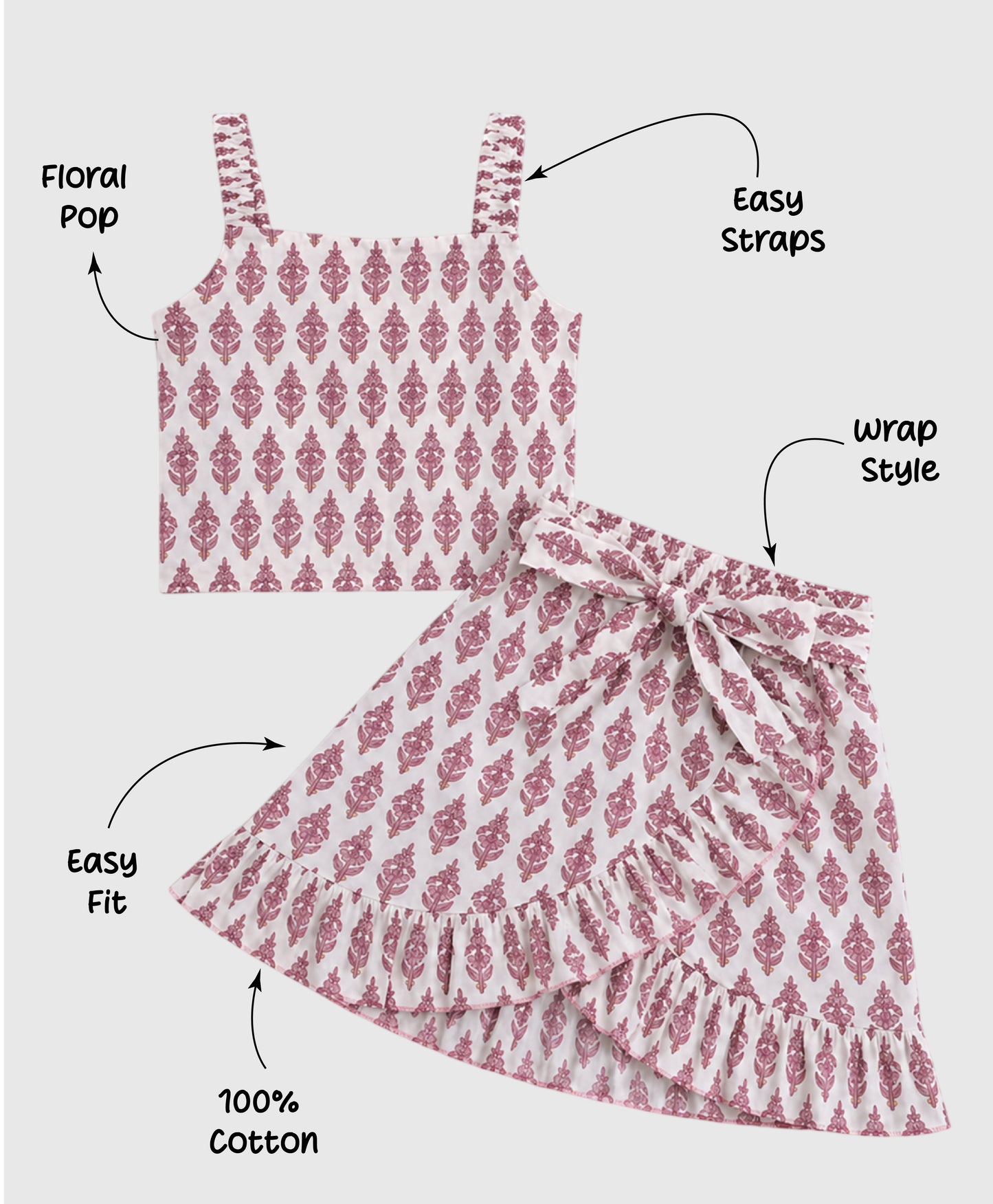 The Magic Wand Cotton Woven Strappy Buta Printed Top And Wrap Style Skirt Set - White