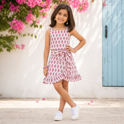 The Magic Wand Cotton Woven Strappy Buta Printed Top And Wrap Style Skirt Set - White