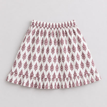 The Magic Wand Cotton Woven Strappy Buta Printed Top And Wrap Style Skirt Set - White