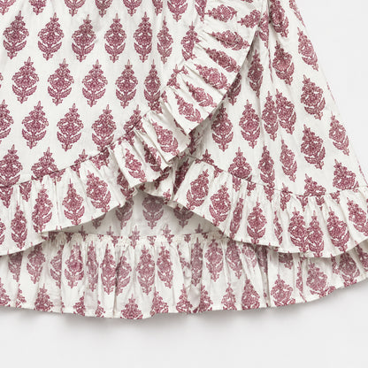 The Magic Wand Cotton Woven Strappy Buta Printed Top And Wrap Style Skirt Set - White