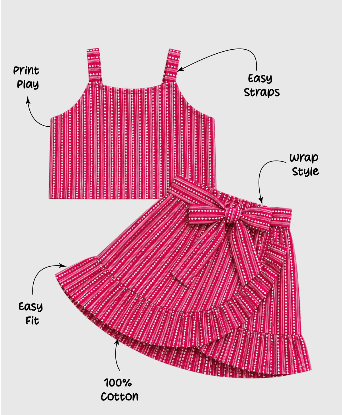 The Magic WandÿCotton Woven Strappy Badhani Printed Top & Skirt Co-ords - Fuchsia