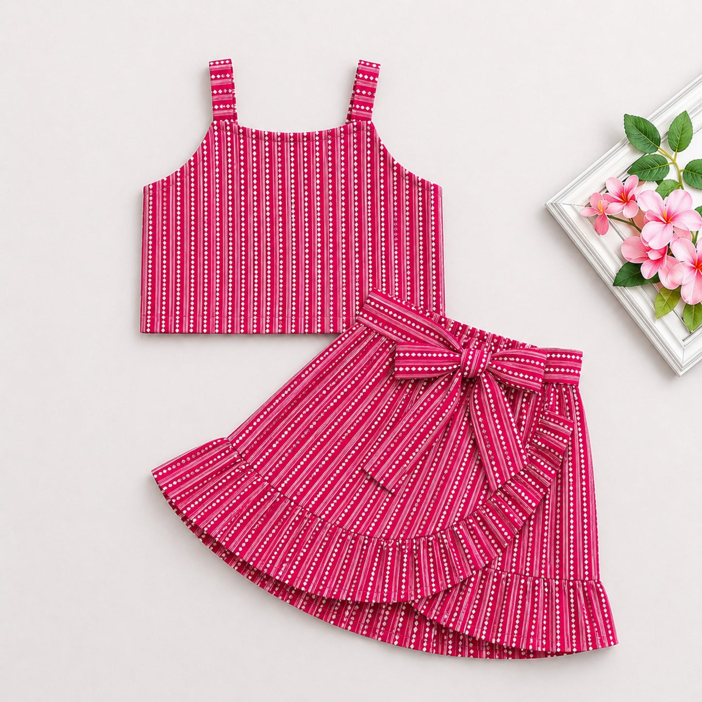 The Magic WandÿCotton Woven Strappy Badhani Printed Top & Skirt Co-ords - Fuchsia