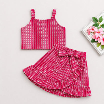 The Magic WandÿCotton Woven Strappy Badhani Printed Top & Skirt Co-ords - Fuchsia