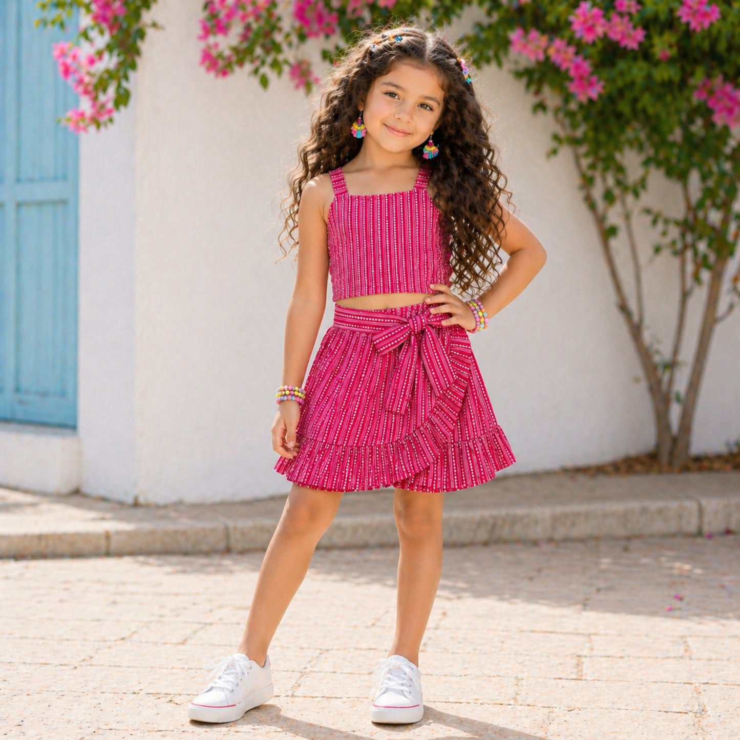 The Magic WandÿCotton Woven Strappy Badhani Printed Top & Skirt Co-ords - Fuchsia