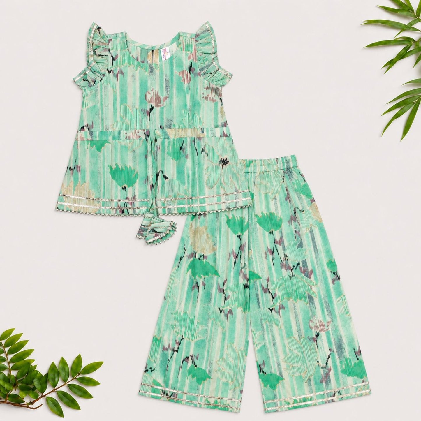 The Magic Wand Cotton Woven Ruffle Sleeves Floral Printed Laced Top And Pant Set - Sea Green