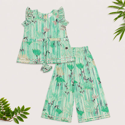 The Magic Wand Cotton Woven Ruffle Sleeves Floral Printed Laced Top And Pant Set - Sea Green