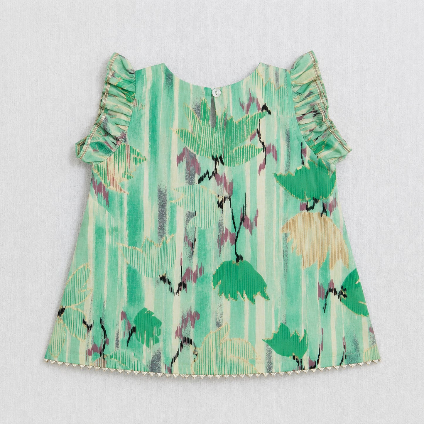 The Magic Wand Cotton Woven Ruffle Sleeves Floral Printed Laced Top And Pant Set - Sea Green