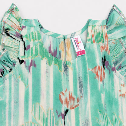 The Magic Wand Cotton Woven Ruffle Sleeves Floral Printed Laced Top And Pant Set - Sea Green