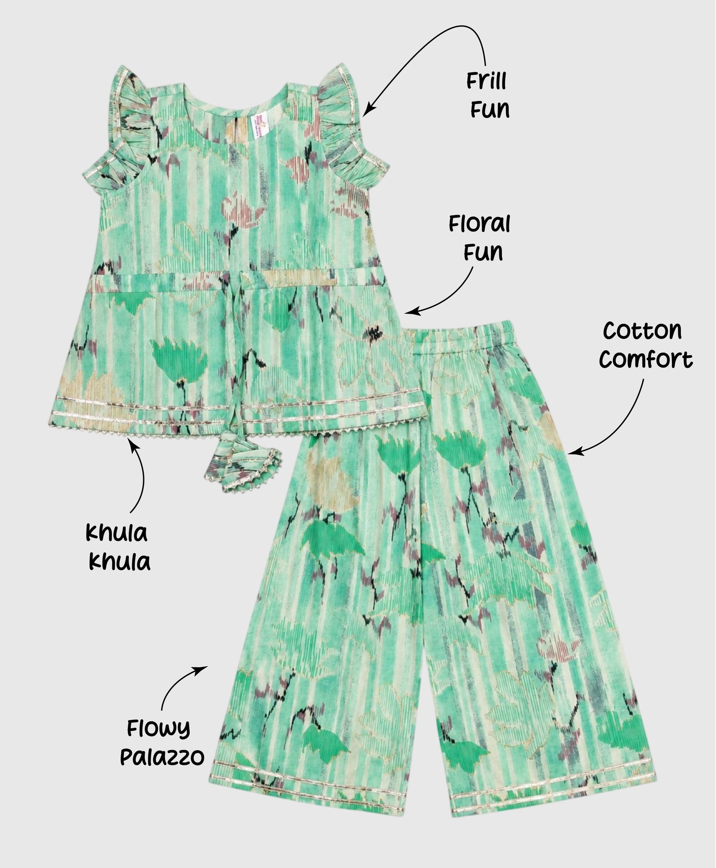 The Magic Wand Cotton Woven Ruffle Sleeves Floral Printed Laced Top And Pant Set - Sea Green