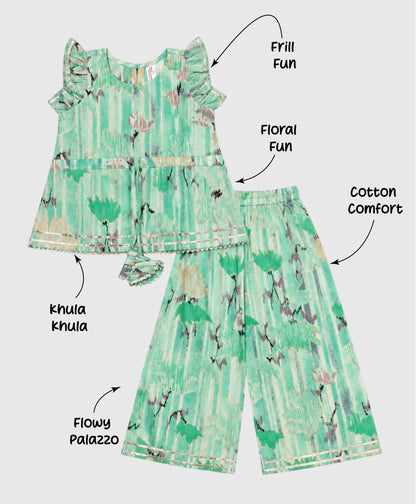 The Magic Wand Cotton Woven Ruffle Sleeves Floral Printed Laced Top And Pant Set - Sea Green