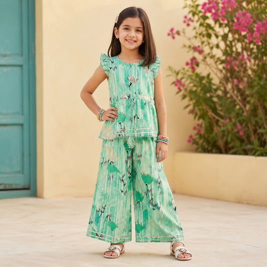 The Magic Wand Cotton Woven Ruffle Sleeves Floral Printed Laced Top And Pant Set - Sea Green
