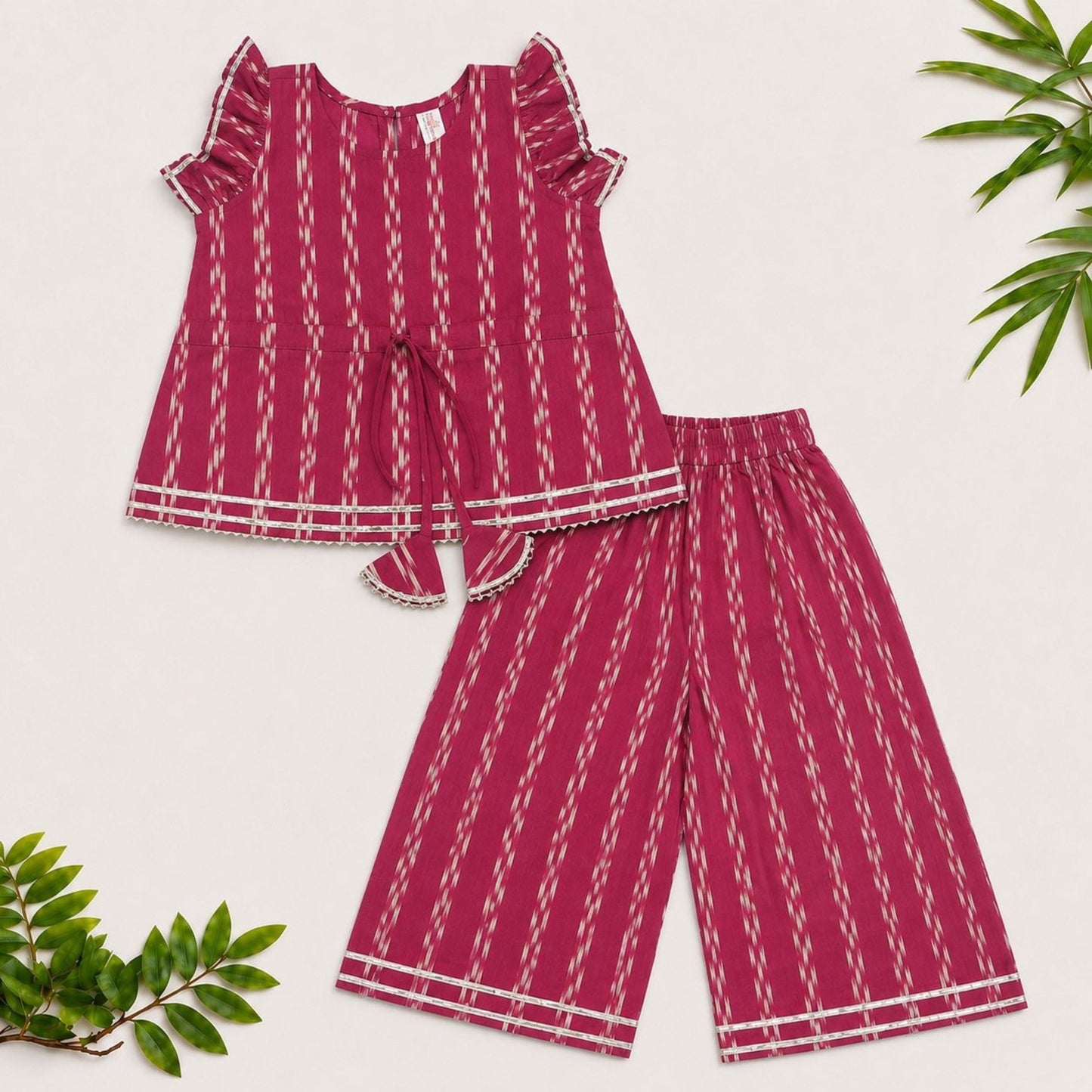 The Magic Wand Cotton Woven Ruffle Sleeves Ikat Print Laced Top And Pant Set - Dark Pink