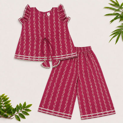 The Magic Wand Cotton Woven Ruffle Sleeves Ikat Print Laced Top And Pant Set - Dark Pink