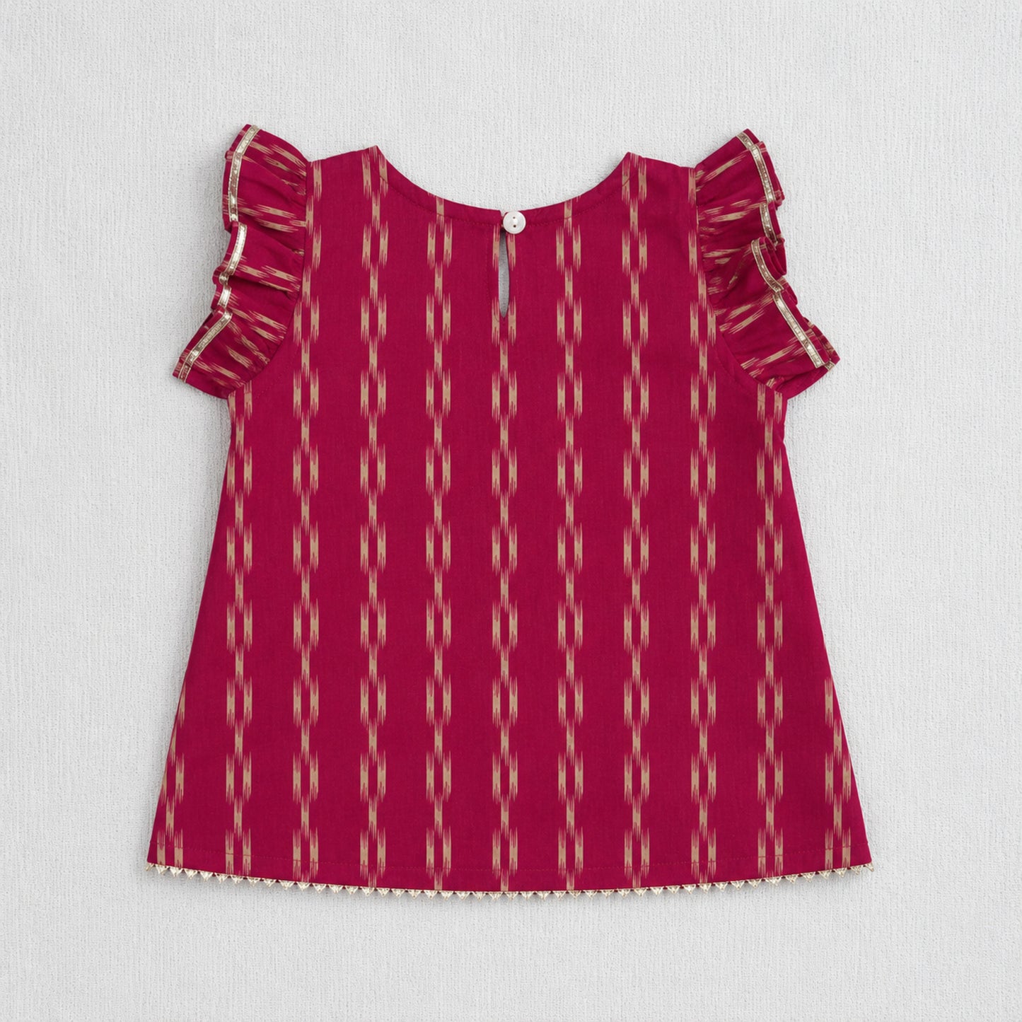 The Magic Wand Cotton Woven Ruffle Sleeves Ikat Print Laced Top And Pant Set - Dark Pink