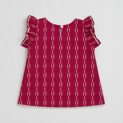 The Magic Wand Cotton Woven Ruffle Sleeves Ikat Print Laced Top And Pant Set - Dark Pink