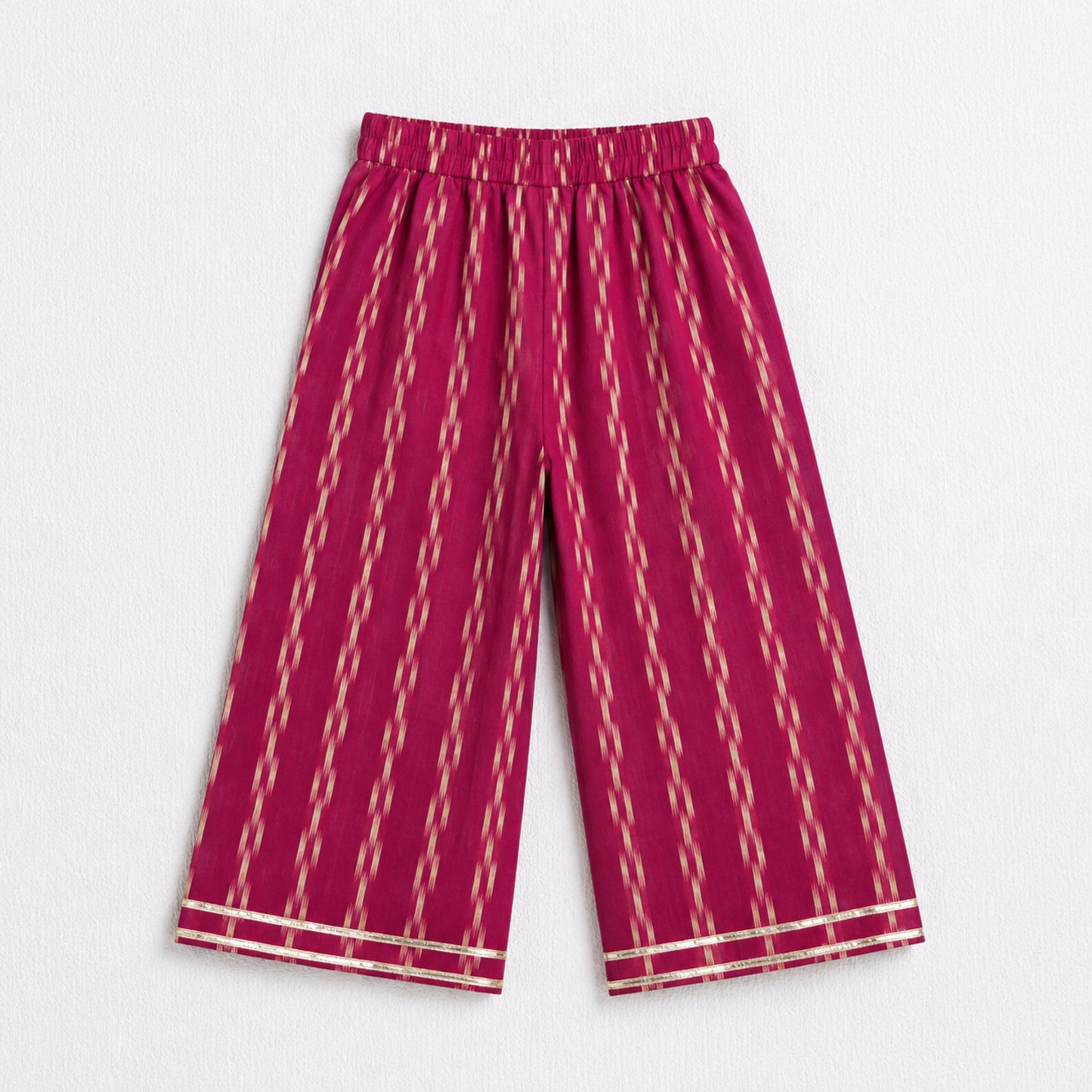 The Magic Wand Cotton Woven Ruffle Sleeves Ikat Print Laced Top And Pant Set - Dark Pink
