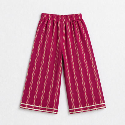 The Magic Wand Cotton Woven Ruffle Sleeves Ikat Print Laced Top And Pant Set - Dark Pink