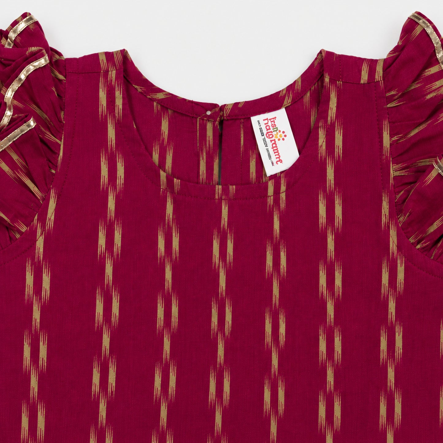 The Magic Wand Cotton Woven Ruffle Sleeves Ikat Print Laced Top And Pant Set - Dark Pink