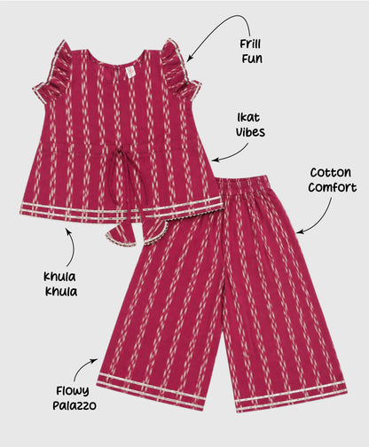 The Magic Wand Cotton Woven Ruffle Sleeves Ikat Print Laced Top And Pant Set - Dark Pink