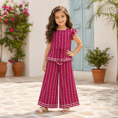 The Magic Wand Cotton Woven Ruffle Sleeves Ikat Print Laced Top And Pant Set - Dark Pink