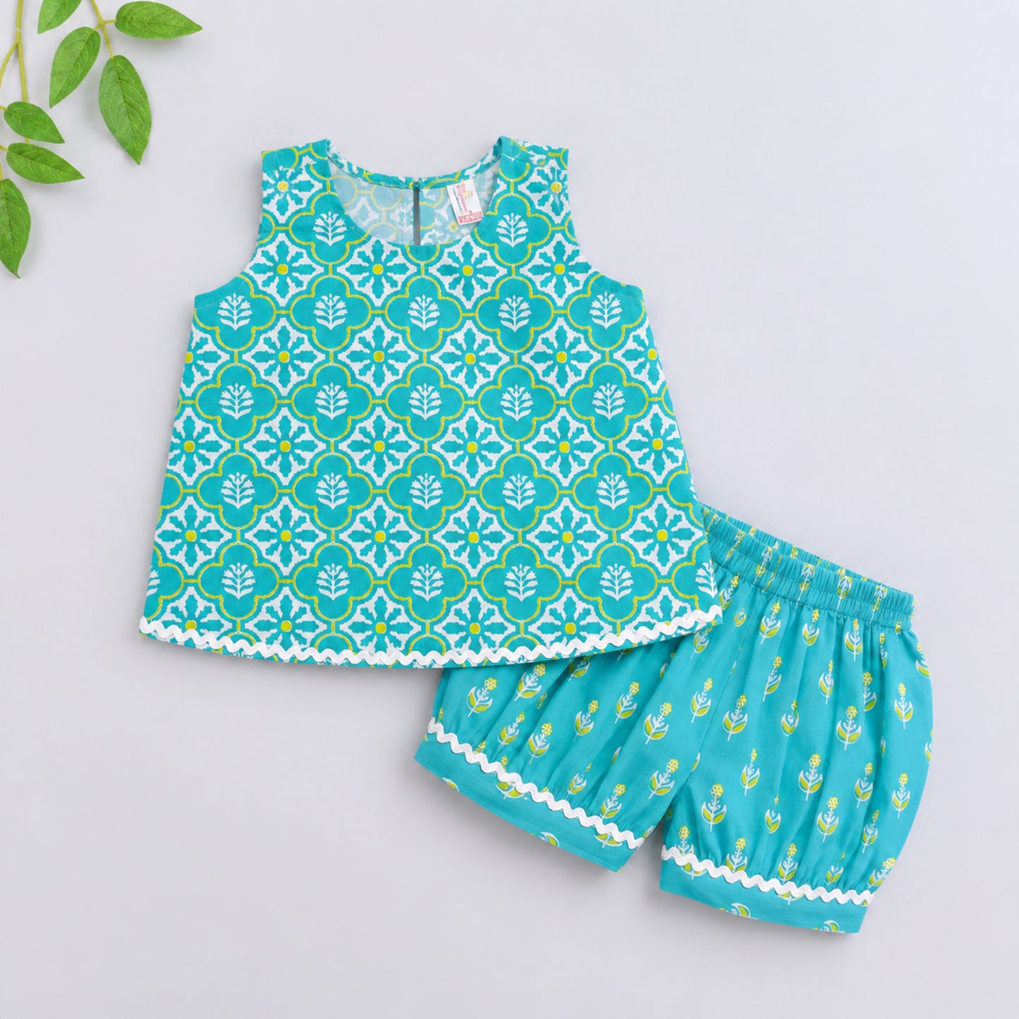 The Magic Wand Cotton Woven Sleeveless Floral Printed Laced Top And Shorts Loungewear Set-Turquoise
