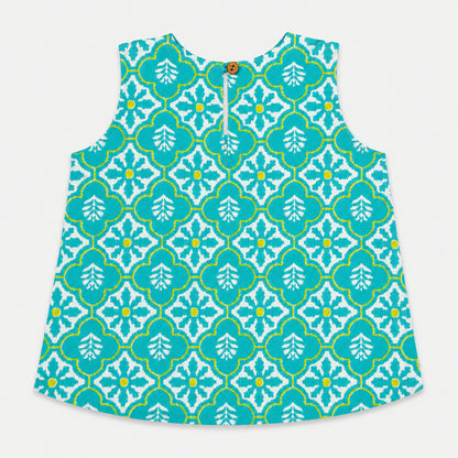 The Magic Wand Cotton Woven Sleeveless Floral Printed Laced Top And Shorts Loungewear Set-Turquoise