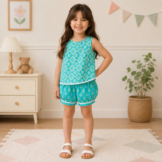 The Magic Wand Cotton Woven Sleeveless Floral Printed Laced Top And Shorts Loungewear Set-Turquoise