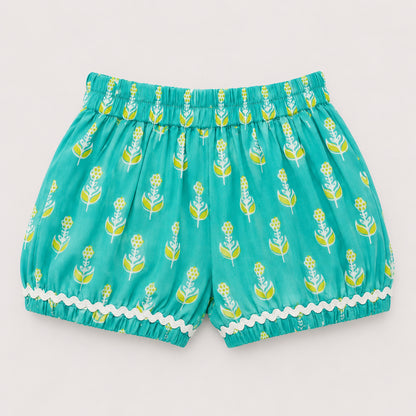 The Magic Wand Cotton Woven Sleeveless Floral Printed Laced Top And Shorts Loungewear Set-Turquoise