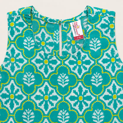 The Magic Wand Cotton Woven Sleeveless Floral Printed Laced Top And Shorts Loungewear Set-Turquoise