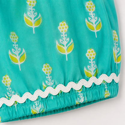 The Magic Wand Cotton Woven Sleeveless Floral Printed Laced Top And Shorts Loungewear Set-Turquoise