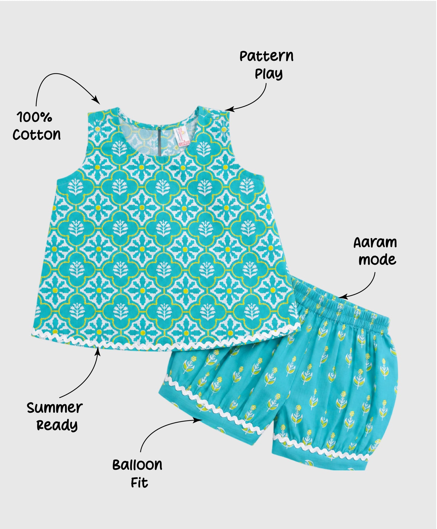 The Magic Wand Cotton Woven Sleeveless Floral Printed Laced Top And Shorts Loungewear Set-Turquoise