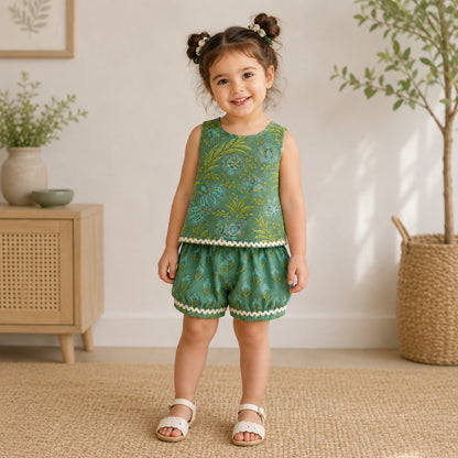 The Magic Wand Cotton Woven Sleeveless Tropical Floral Printed Laced Top And Shorts Loungewear Set-Olive Green