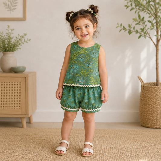 The Magic Wand Cotton Woven Sleeveless Tropical Floral Printed Laced Top And Shorts Loungewear Set-Olive Green