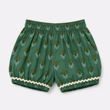 The Magic Wand Cotton Woven Sleeveless Tropical Floral Printed Laced Top And Shorts Loungewear Set-Olive Green