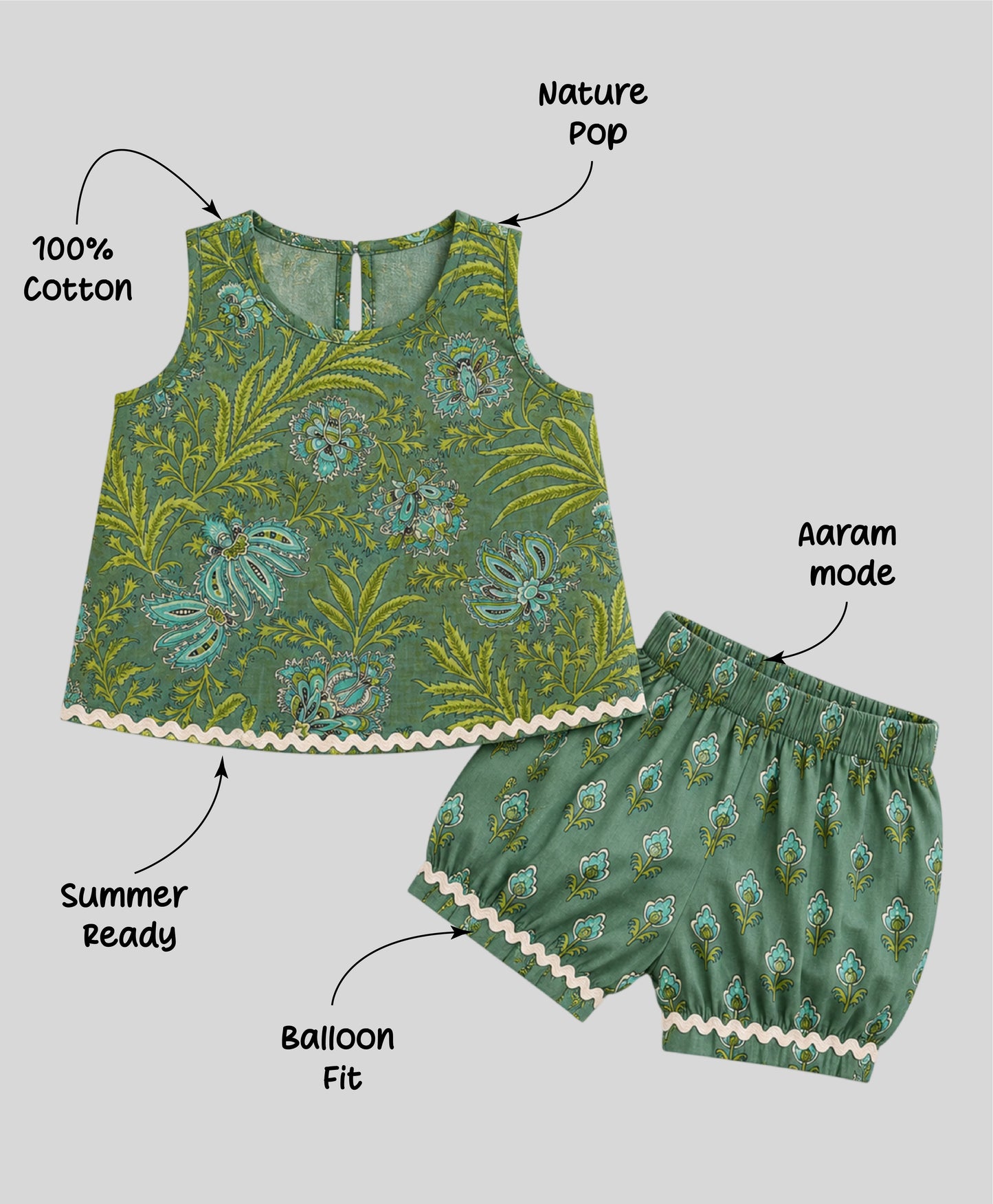 The Magic Wand Cotton Woven Sleeveless Tropical Floral Printed Laced Top And Shorts Loungewear Set-Olive Green