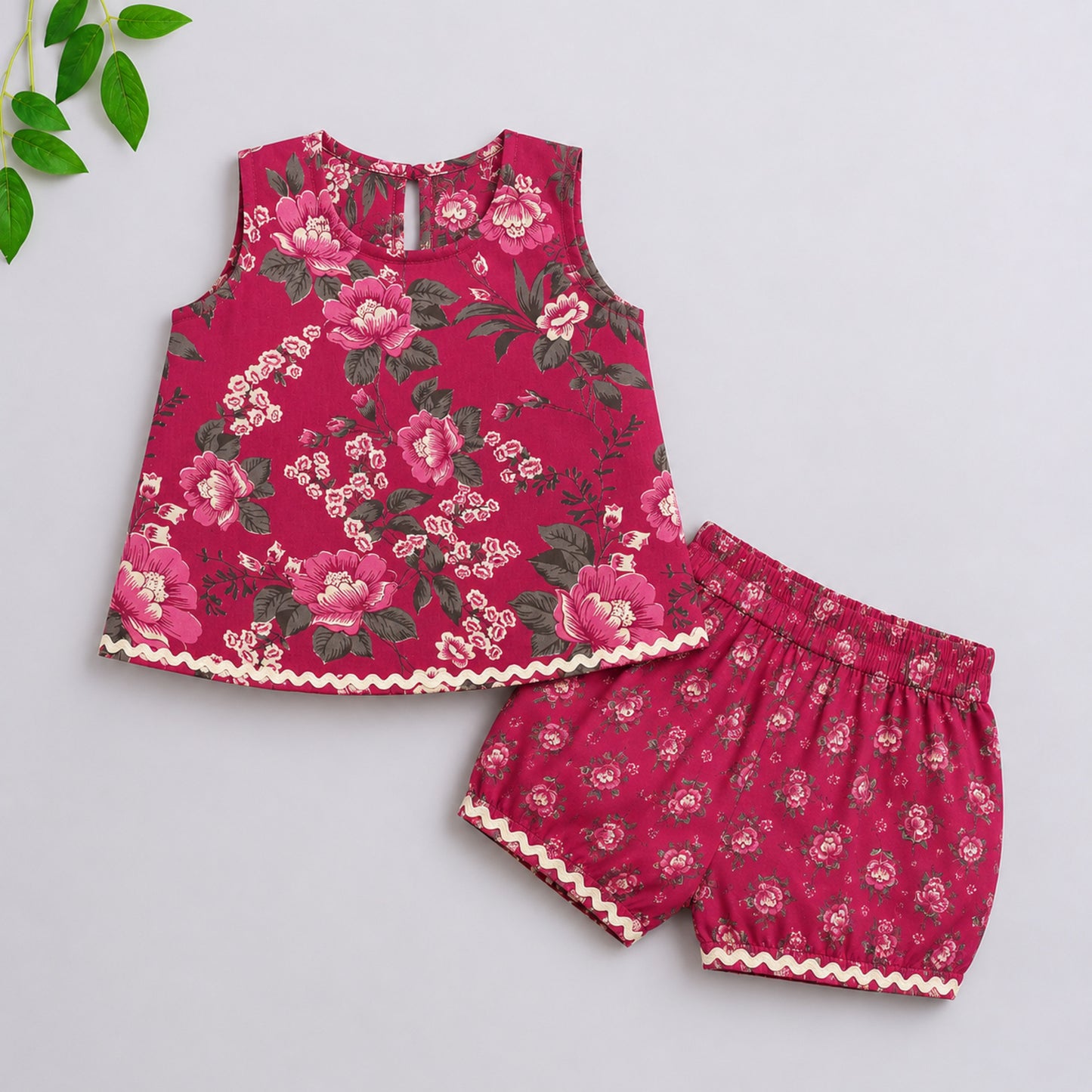 The Magic Wand Cotton Woven Sleeveless Rose Printed Laced Top And Shorts Loungewear Set- Magenta