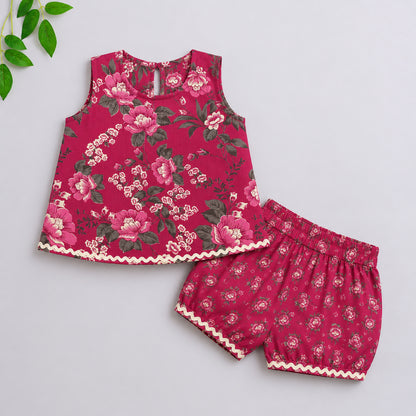 The Magic Wand Cotton Woven Sleeveless Rose Printed Laced Top And Shorts Loungewear Set- Magenta