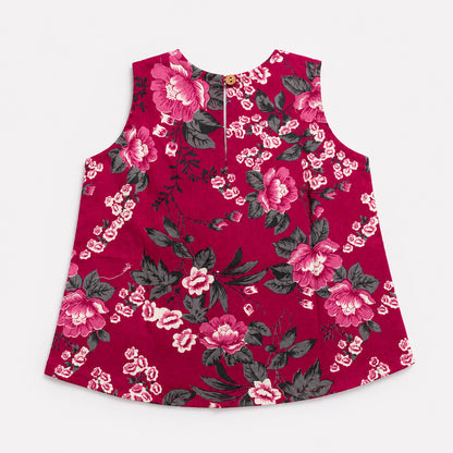 The Magic Wand Cotton Woven Sleeveless Rose Printed Laced Top And Shorts Loungewear Set- Magenta