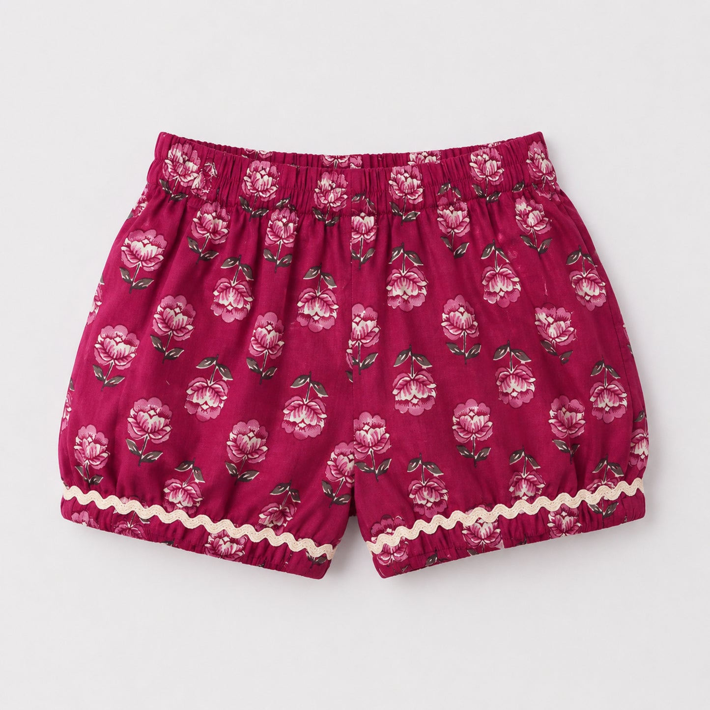 The Magic Wand Cotton Woven Sleeveless Rose Printed Laced Top And Shorts Loungewear Set- Magenta